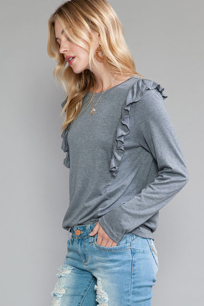 Dark Grey Solid Color Ruffle Long Sleeve Top