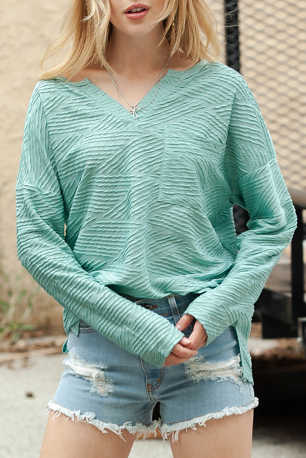 Green Textured Split V Neck Long Sleeve Top