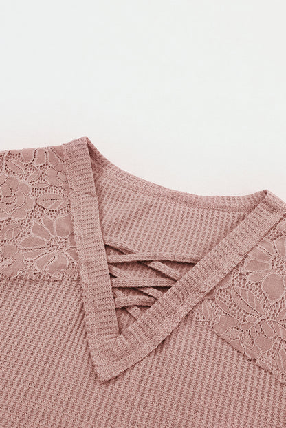 Pink Lace Waffle Knit Crisscross Straps V Neck Long Sleeve Top