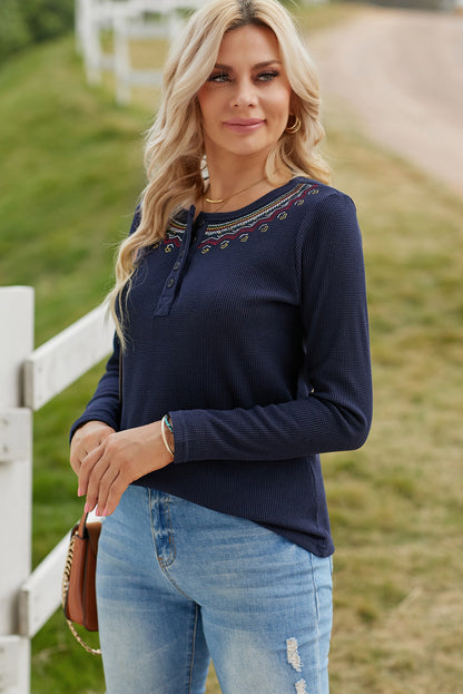 Navy Blue Casual Embroidered Round Neck Waffle Henley Top