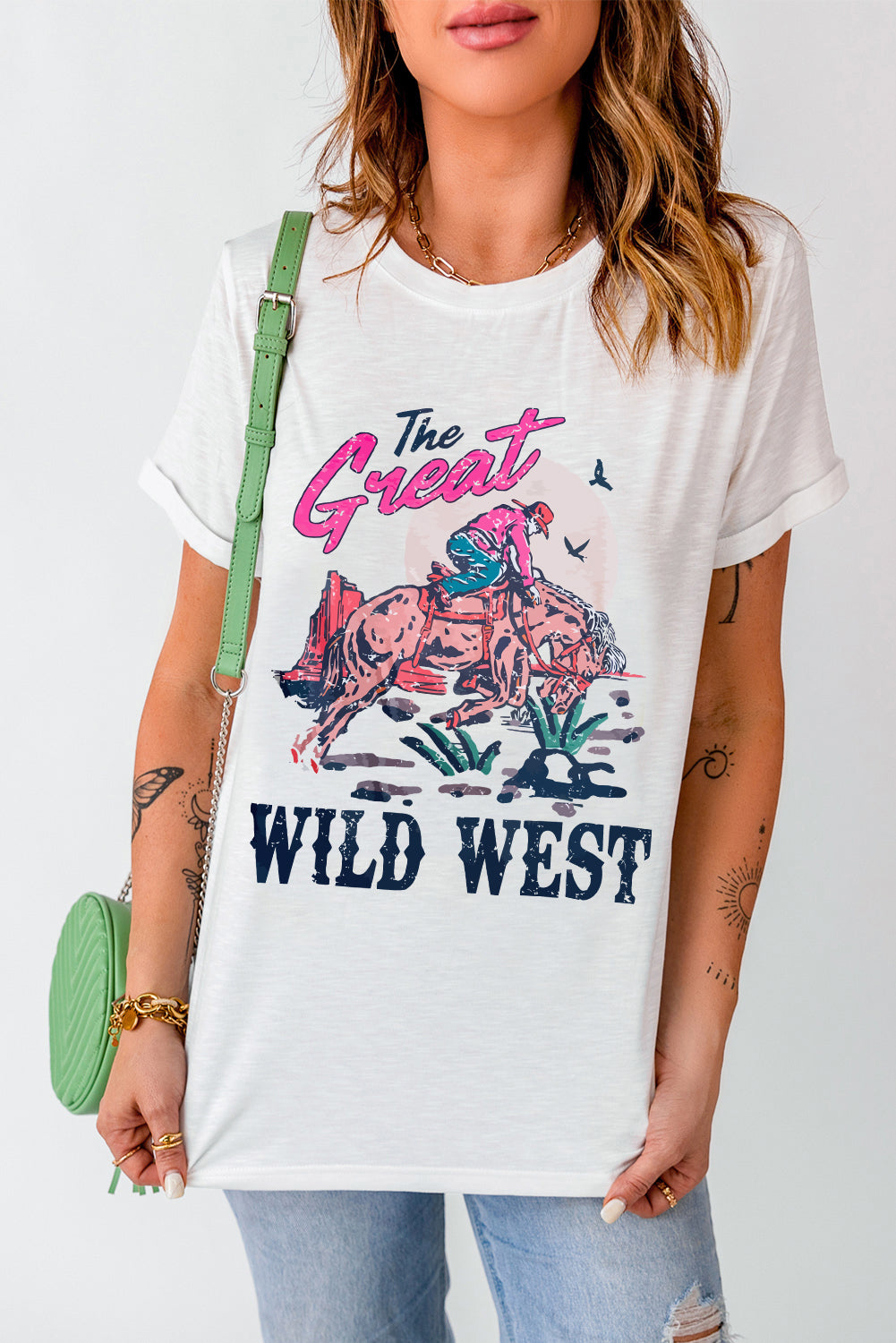 White The Great WILD WEST Rodeo Graphic Crew Neck T Shirt