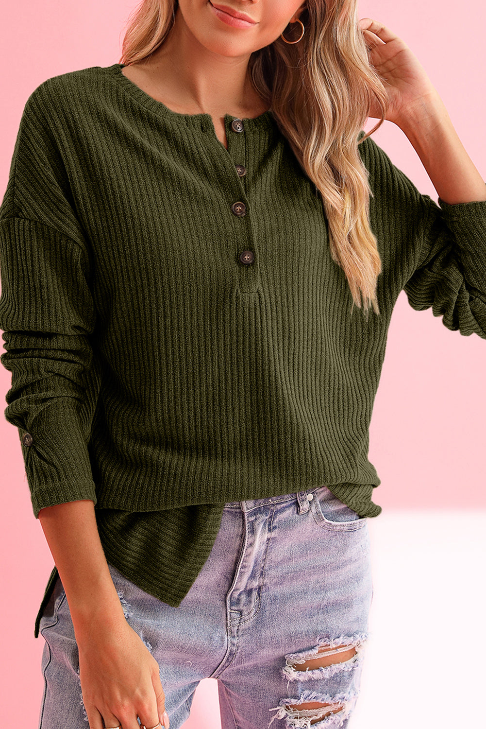 Rose Drop Shoulder Knit Long Sleeve Henley Top