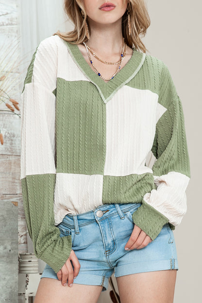 Green and Beige Color Block Textured V Neck Long Sleeve Top