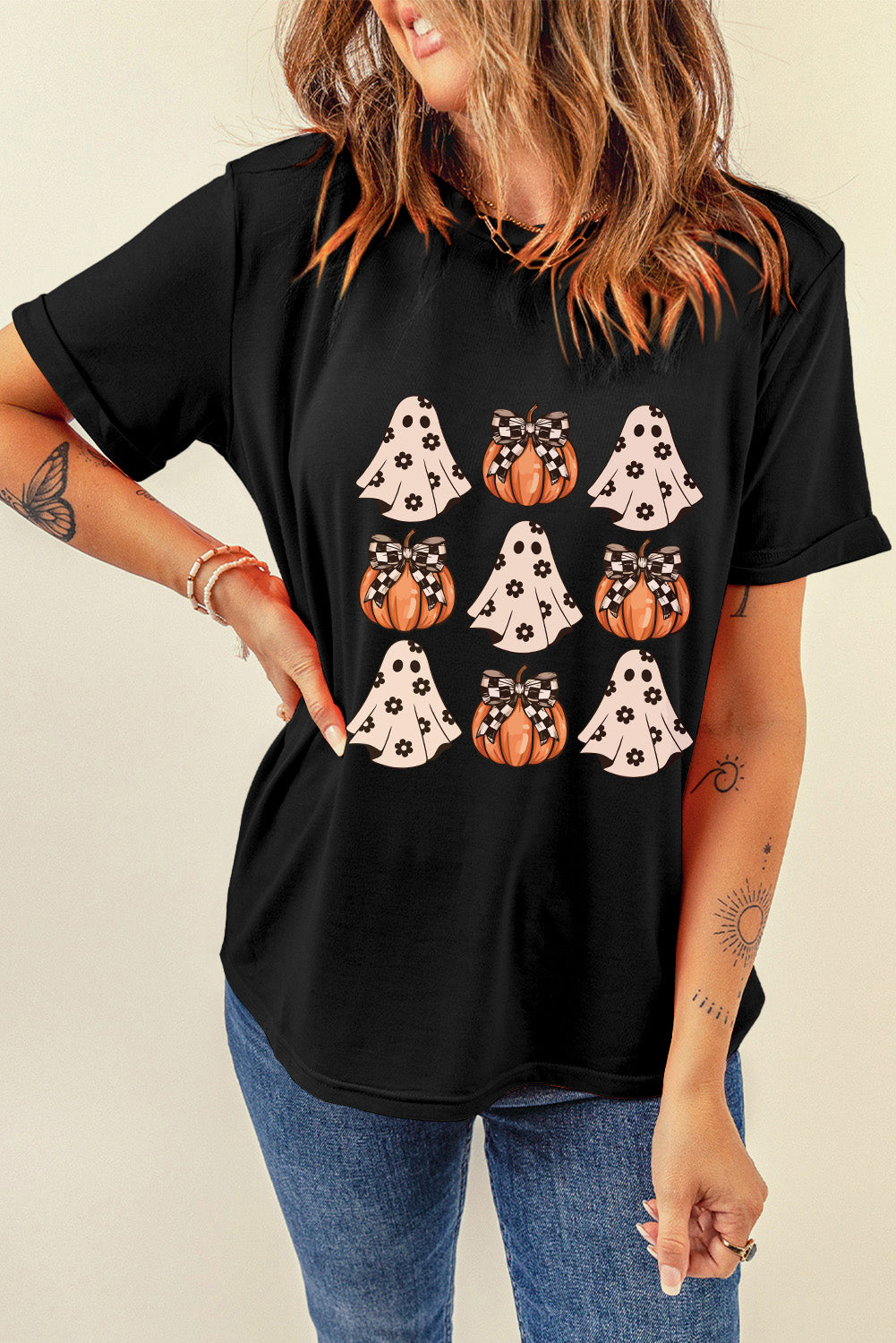 Black Halloween Ghost Pumpkin Graphic Crew Neck T Shirt