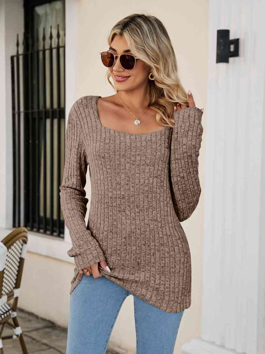 Square Neck Ribbed Long Sleeve T Shirt