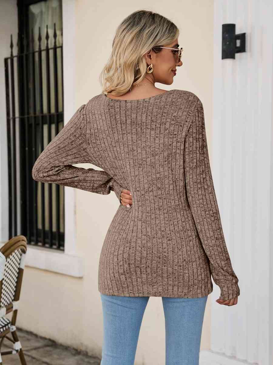 Square Neck Ribbed Long Sleeve T Shirt