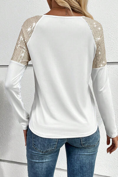 Sequin Round Neck Long Sleeve T Shirt