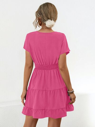 Ruffled Smocked V Neck Tiered Dress