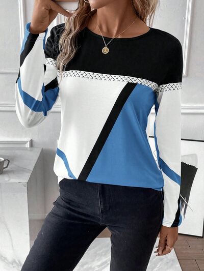 Contrast Round Neck Long Sleeve Tops