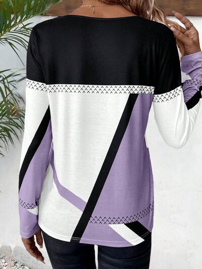 Contrast Round Neck Long Sleeve Tops