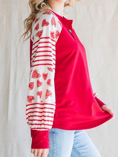 Heart Striped Quarter Button Long Sleeve T Shirt