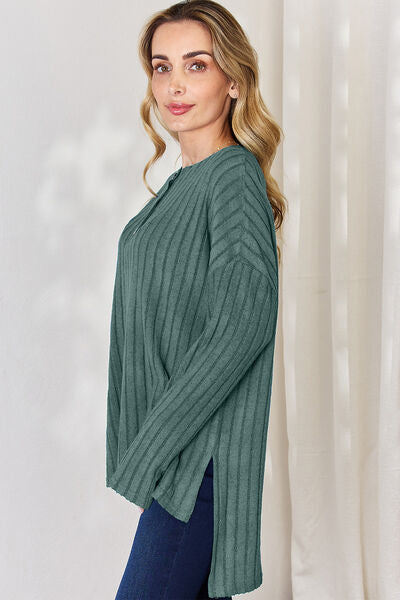 Full Size Ribbed Half Button Long Sleeve High Low T Shirt