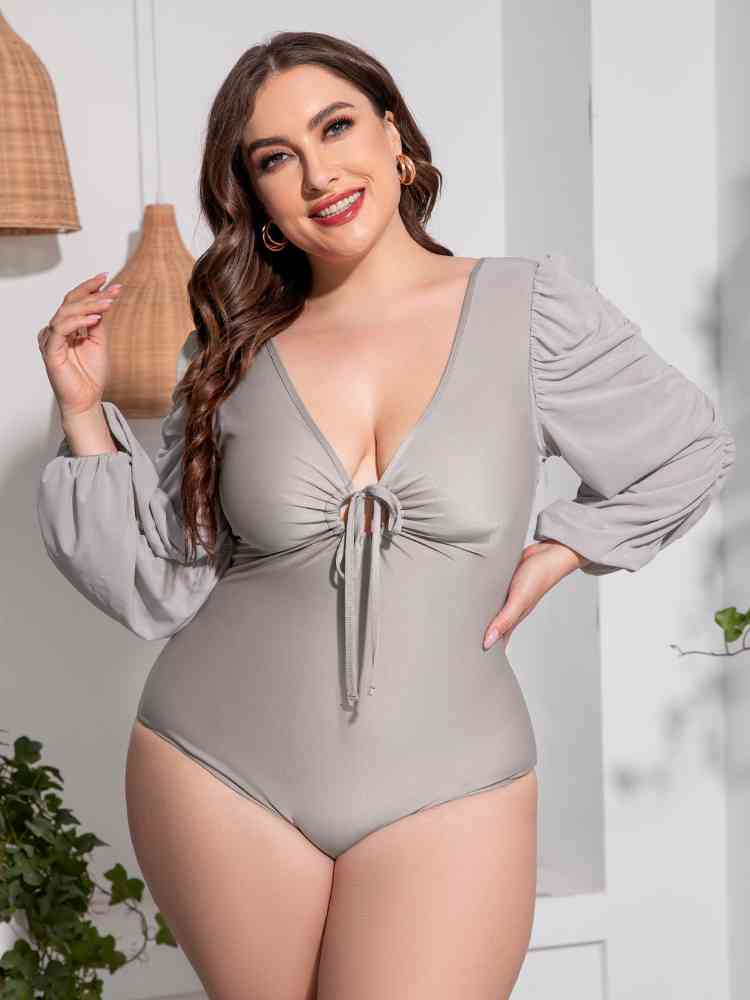 Plus Size Tied Deep V Balloon Sleeve One Piece Swimsuit