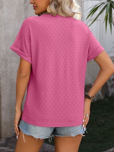 Eyelet Notched Short Sleeve T Shirt