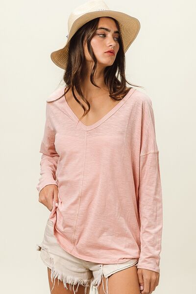 BiBi Exposed Seam V Neck Long Sleeve T Shirt