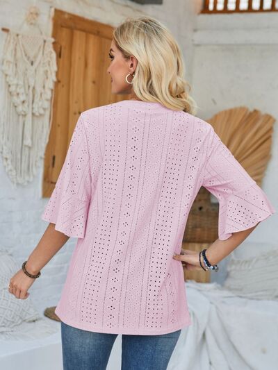 Eyelet Notched Half Sleeve T Shirt