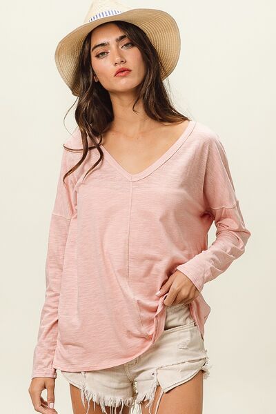 BiBi Exposed Seam V Neck Long Sleeve T Shirt