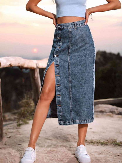 Button Down Midi Denim Skirt