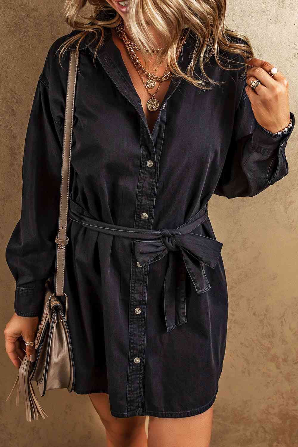 Button Up Collared Neck Denim Dress