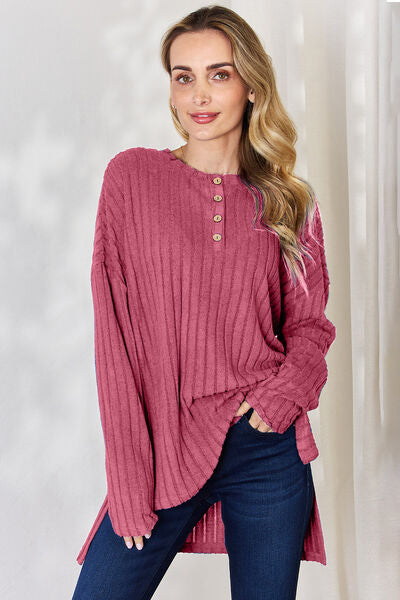 Full Size Ribbed Half Button Long Sleeve High-Low T-Shirt