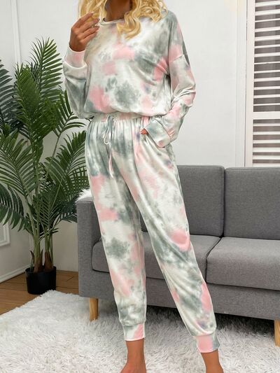 Tie Dye Round Neck Top and Drawstring Pants Lounge Set