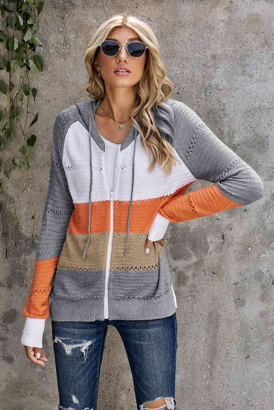 Zip Up Raglan Sleeve Openwork Hooded Cardigan