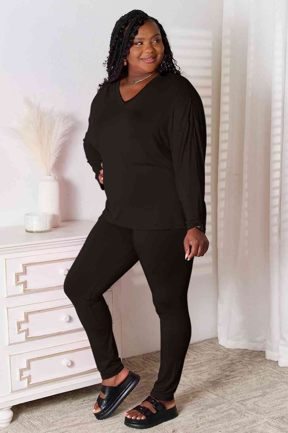 V Neck Soft Rayon Long Sleeve Top and Pants Lounge Set