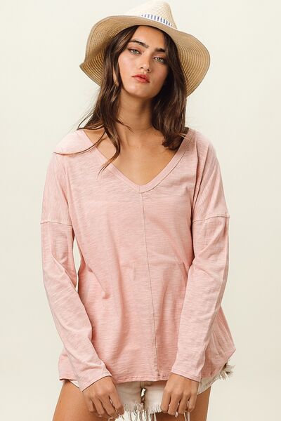 BiBi Exposed Seam V Neck Long Sleeve T Shirt