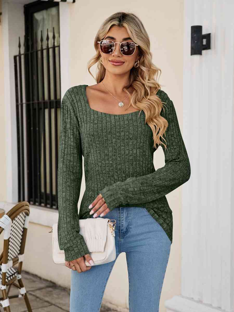 Square Neck Ribbed Long Sleeve T Shirt