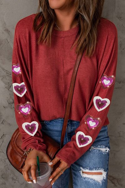 Heart Sequin Round Neck Long Sleeve T Shirt