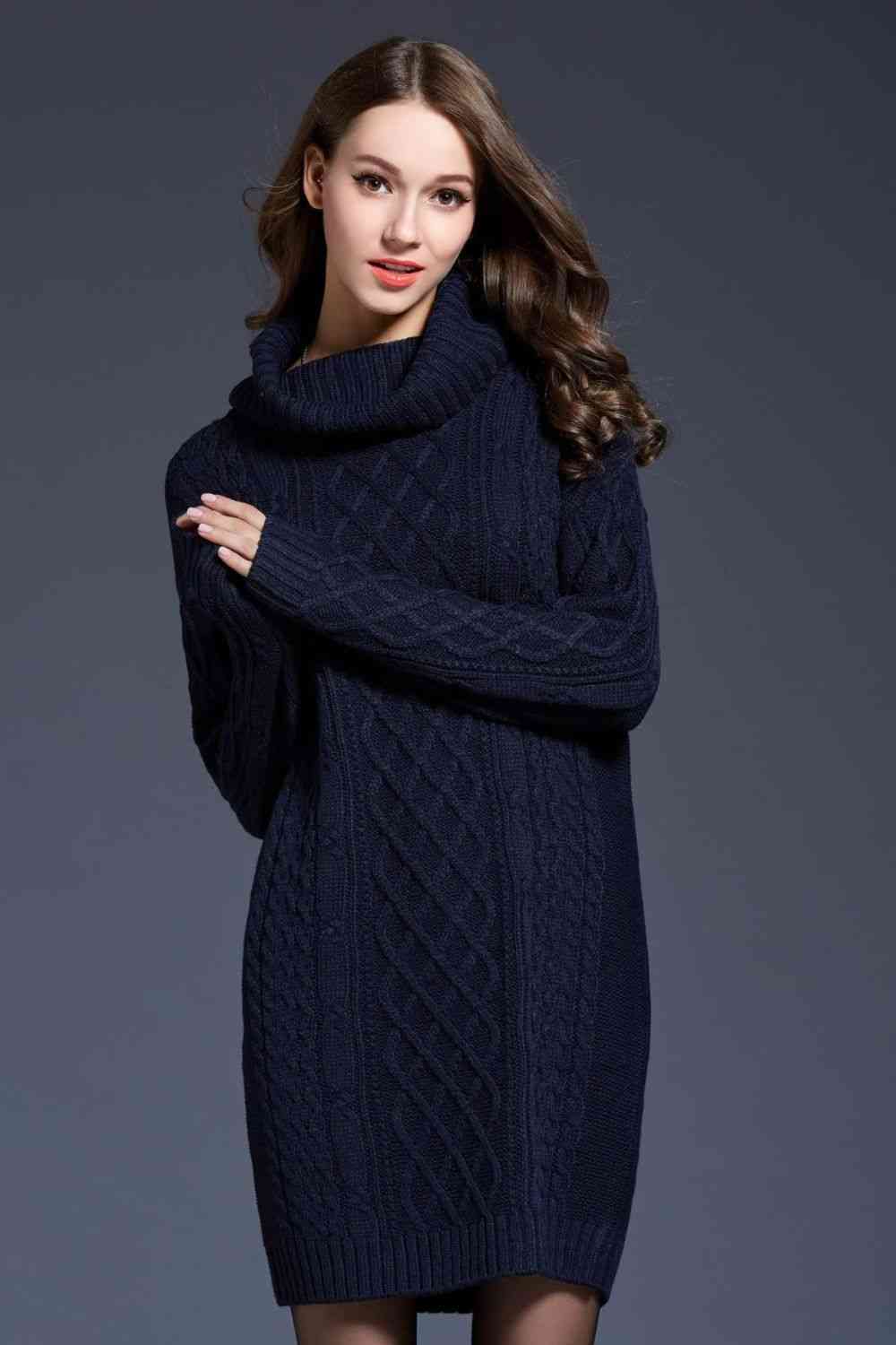 Woven Right Full Size Mixed Knit Cowl Neck Dropped Shoulder Sweater Dress