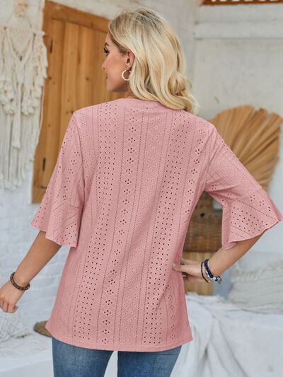 Eyelet Notched Half Sleeve T Shirt