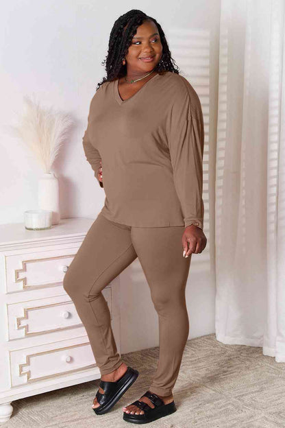 V Neck Soft Rayon Long Sleeve Top and Pants Lounge Set