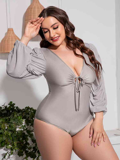 Plus Size Tied Deep V Balloon Sleeve One Piece Swimsuit