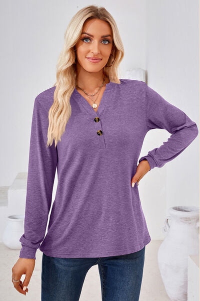 Notched Button Detail Long Sleeve T Shirt