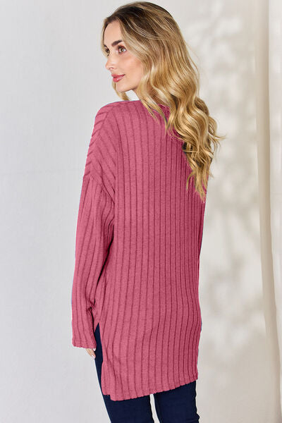 Full Size Ribbed Half Button Long Sleeve High Low T Shirt