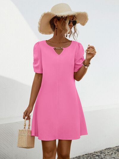 Chain Notched Short Sleeve Casual Dress