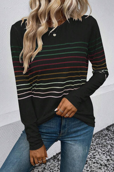 Striped Round Neck Long Sleeve T Shirt