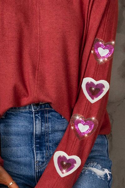 Heart Sequin Round Neck Long Sleeve T Shirt