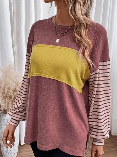 Round Neck Striped Long Sleeve Slit T Shirt