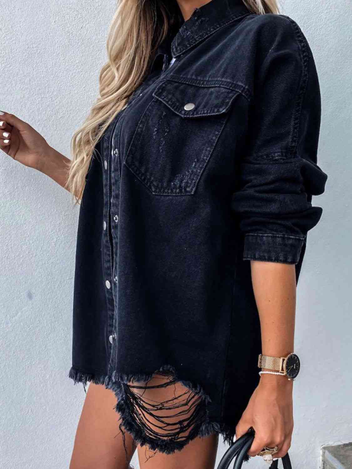 Raw Hem Collared Neck Long Sleeve Denim Jacket