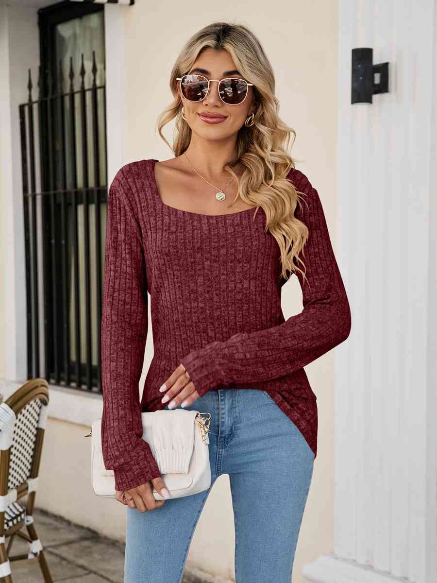 Square Neck Ribbed Long Sleeve T Shirt