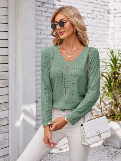 Decorative Button Openwork V Neck T Shirt