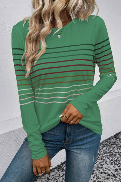 Striped Round Neck Long Sleeve T Shirt