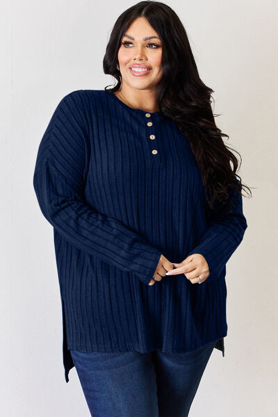 Full Size Ribbed Half Button Long Sleeve High Low T Shirt