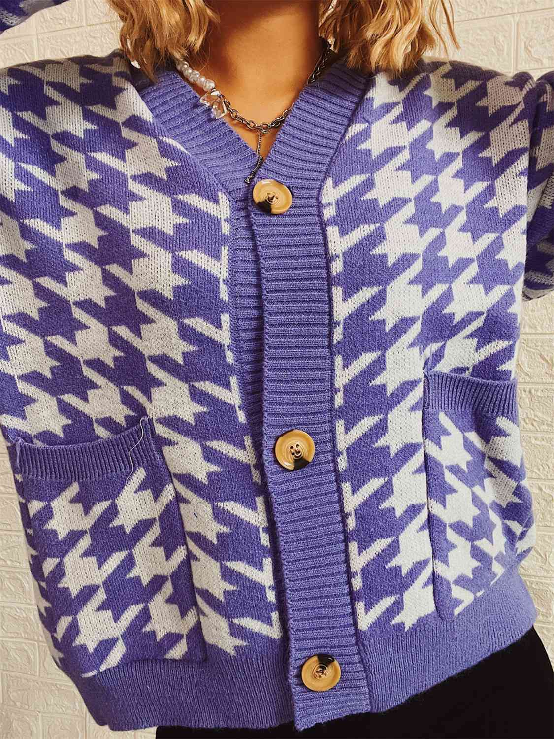 Houndstooth Botton Front Cardigan with Pockets