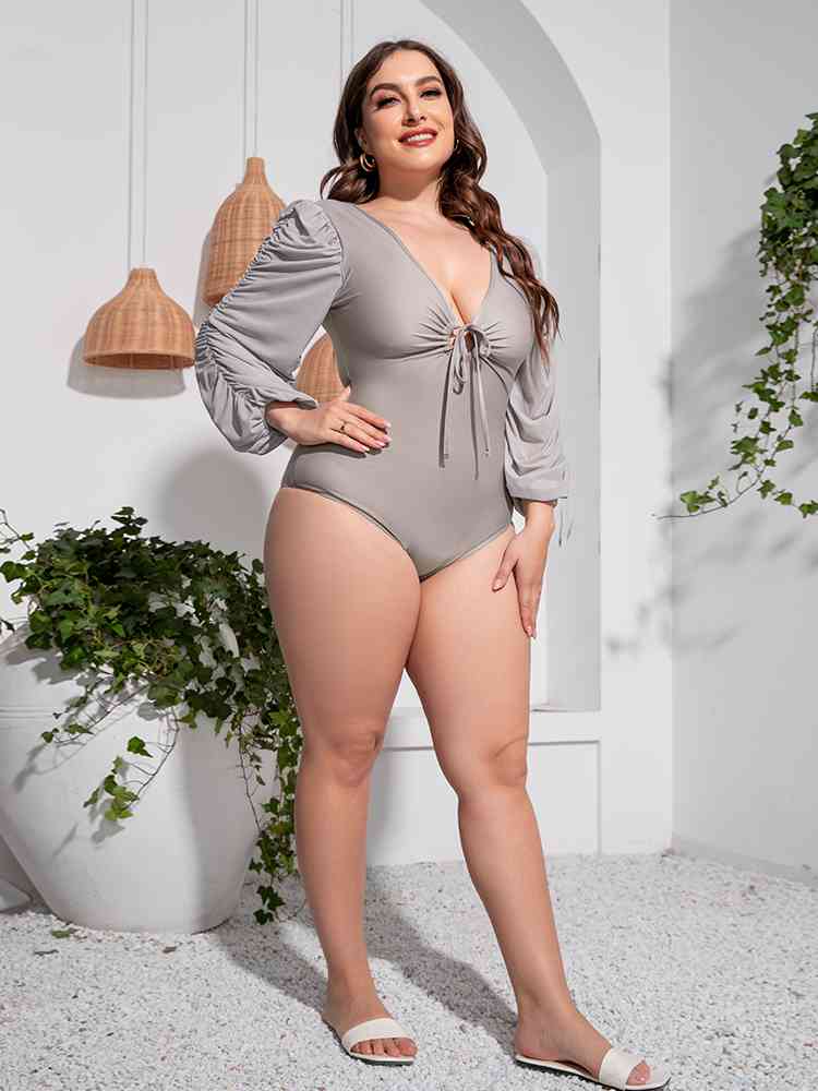 Plus Size Tied Deep V Balloon Sleeve One Piece Swimsuit