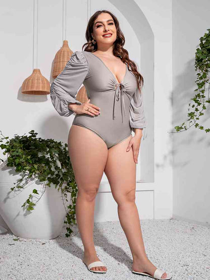 Plus Size Tied Deep V Balloon Sleeve One Piece Swimsuit