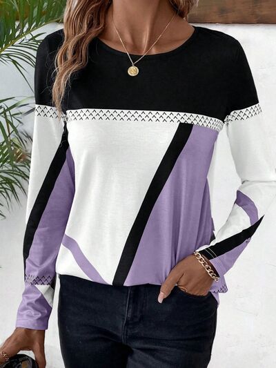 Contrast Round Neck Long Sleeve Tops