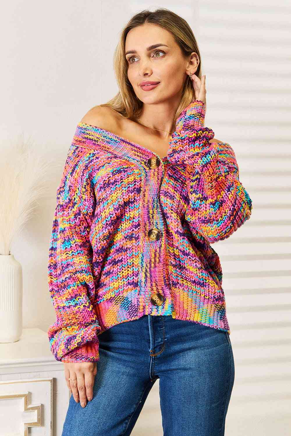 Woven Right V Neck Long Sleeve Cardigan